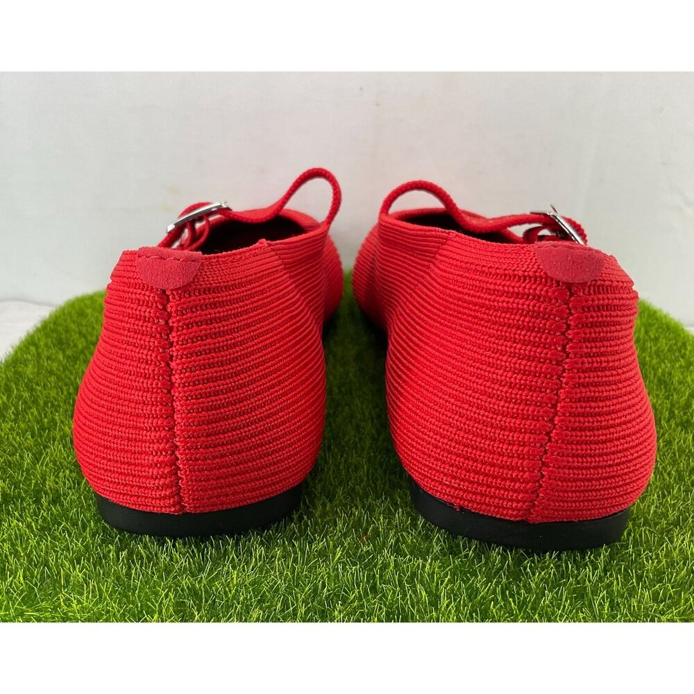 Red Mary Jane Style Knit Flats With Adjustable Buckle Strap - Picture 4 of 9